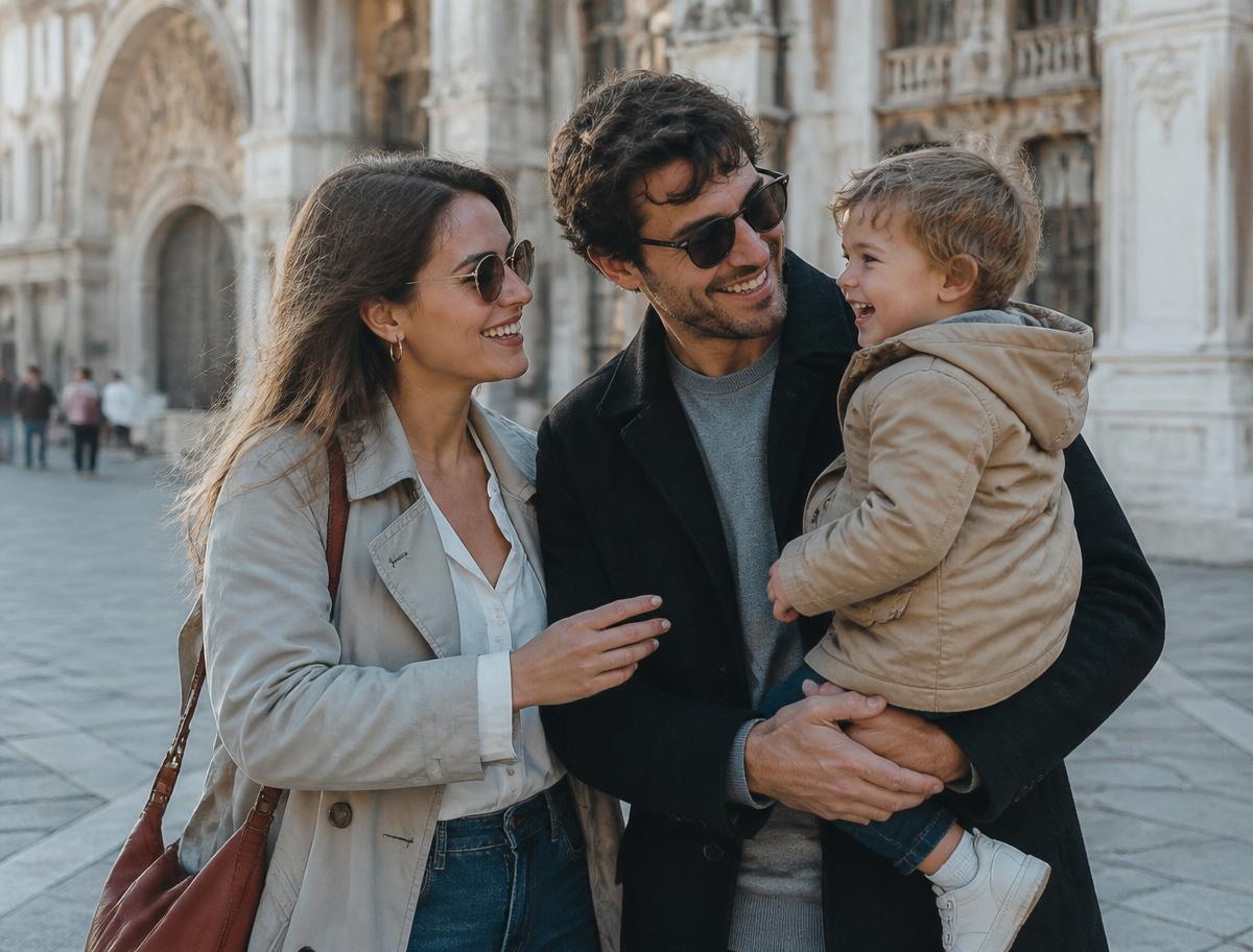 A couple and their child enjoying a PicPal vacation photo shoot