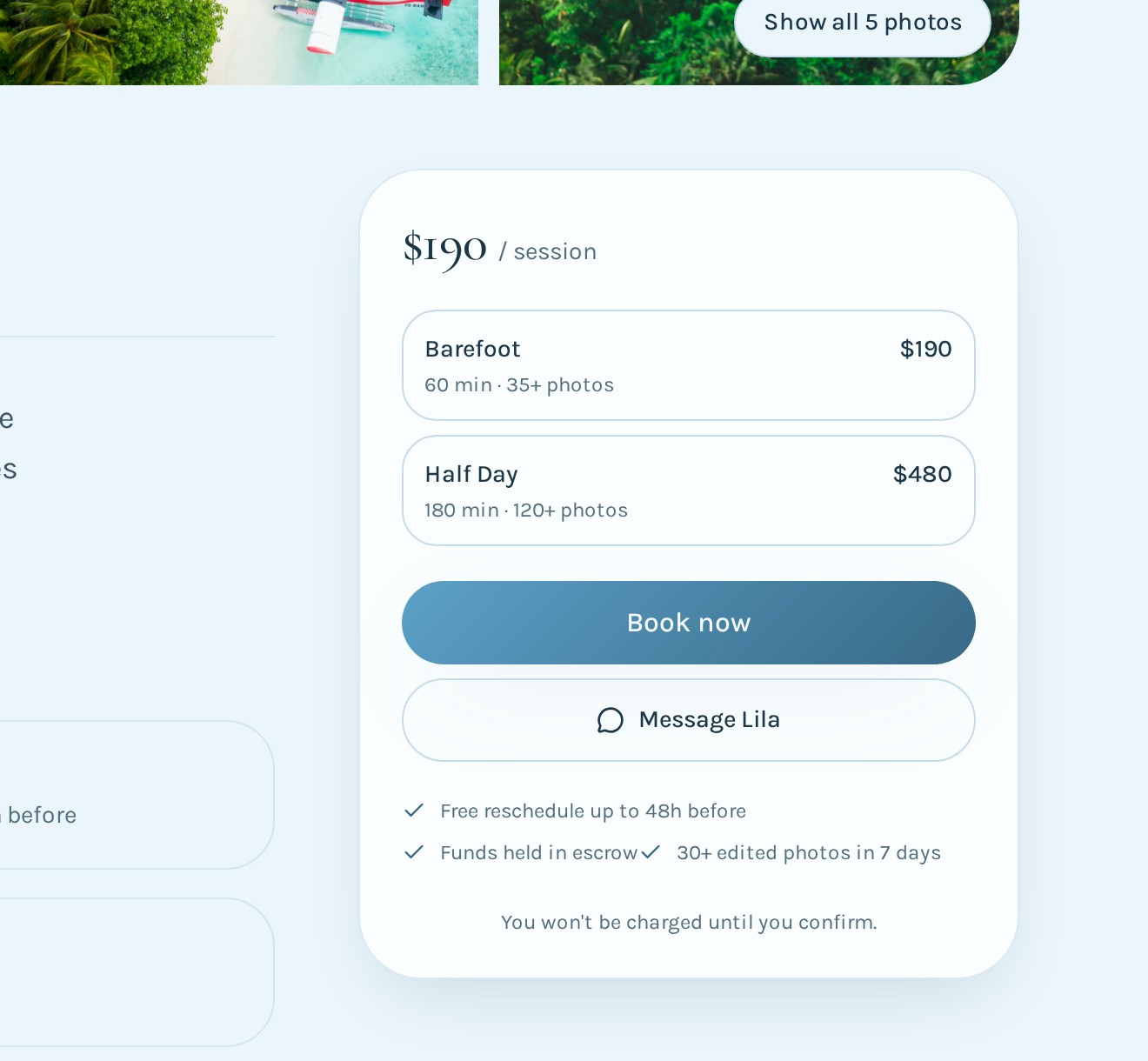 Booking card on a photographer profile with the Book now button
